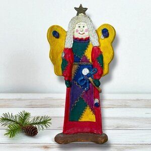 Folk Art Christmas Angel Figurine Star Hand Crafted Polymer Clay Vintage 1990